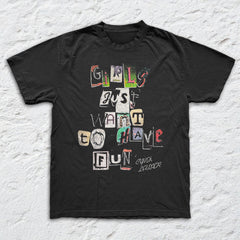 Cyndi Lauper - Girls Just Wanna Letters - Black Garment-dyed T-shirt