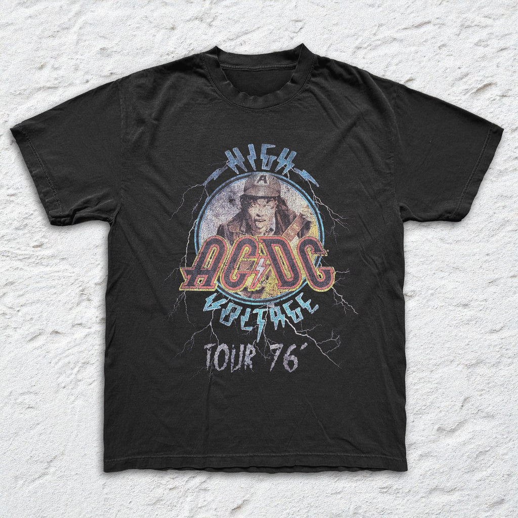 AC/DC - High Voltage Tour '76 - Black Garment-dyed T-shirt