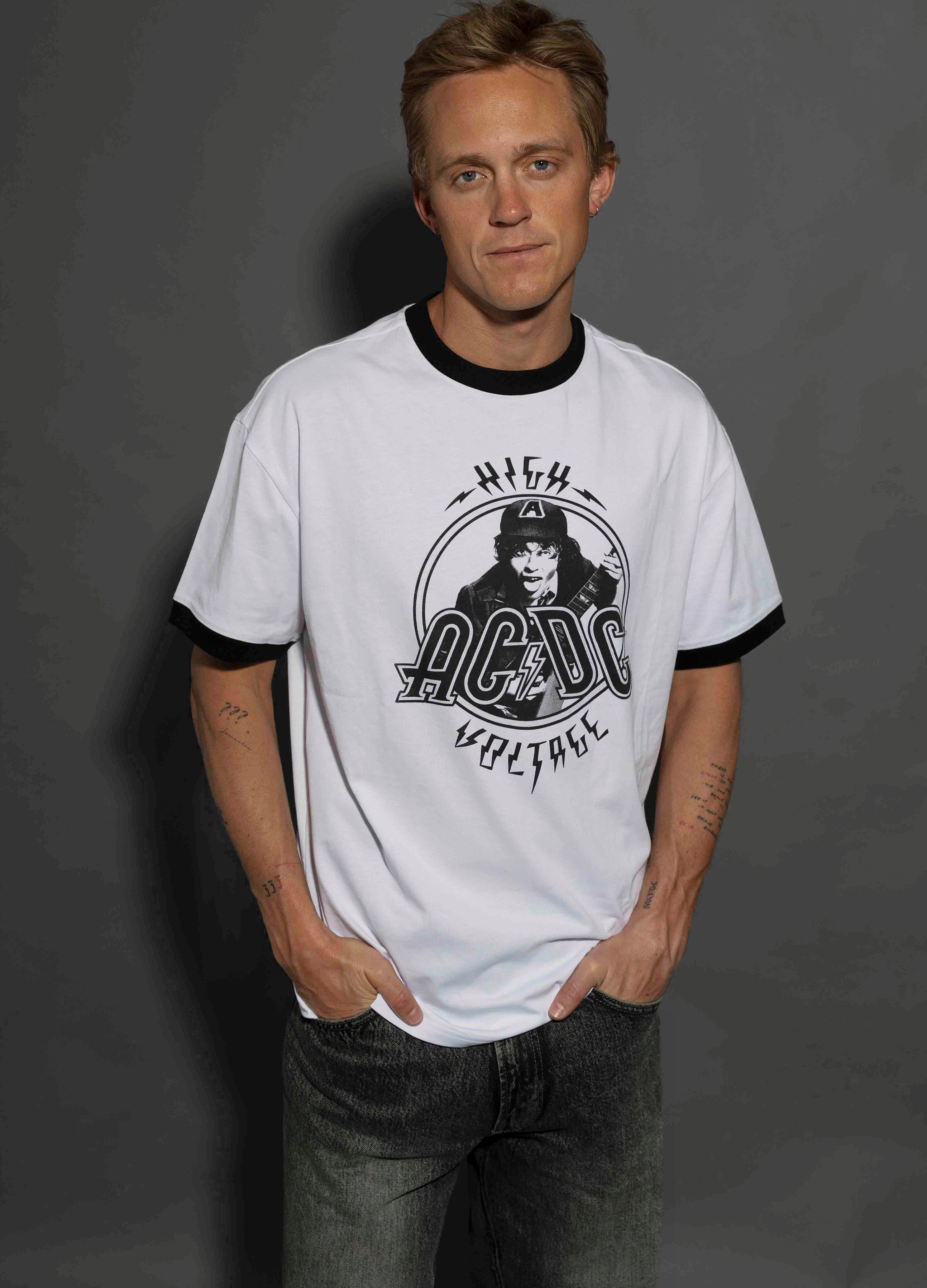 AC/DC - High Voltage - White/Black Ringer T-shirt