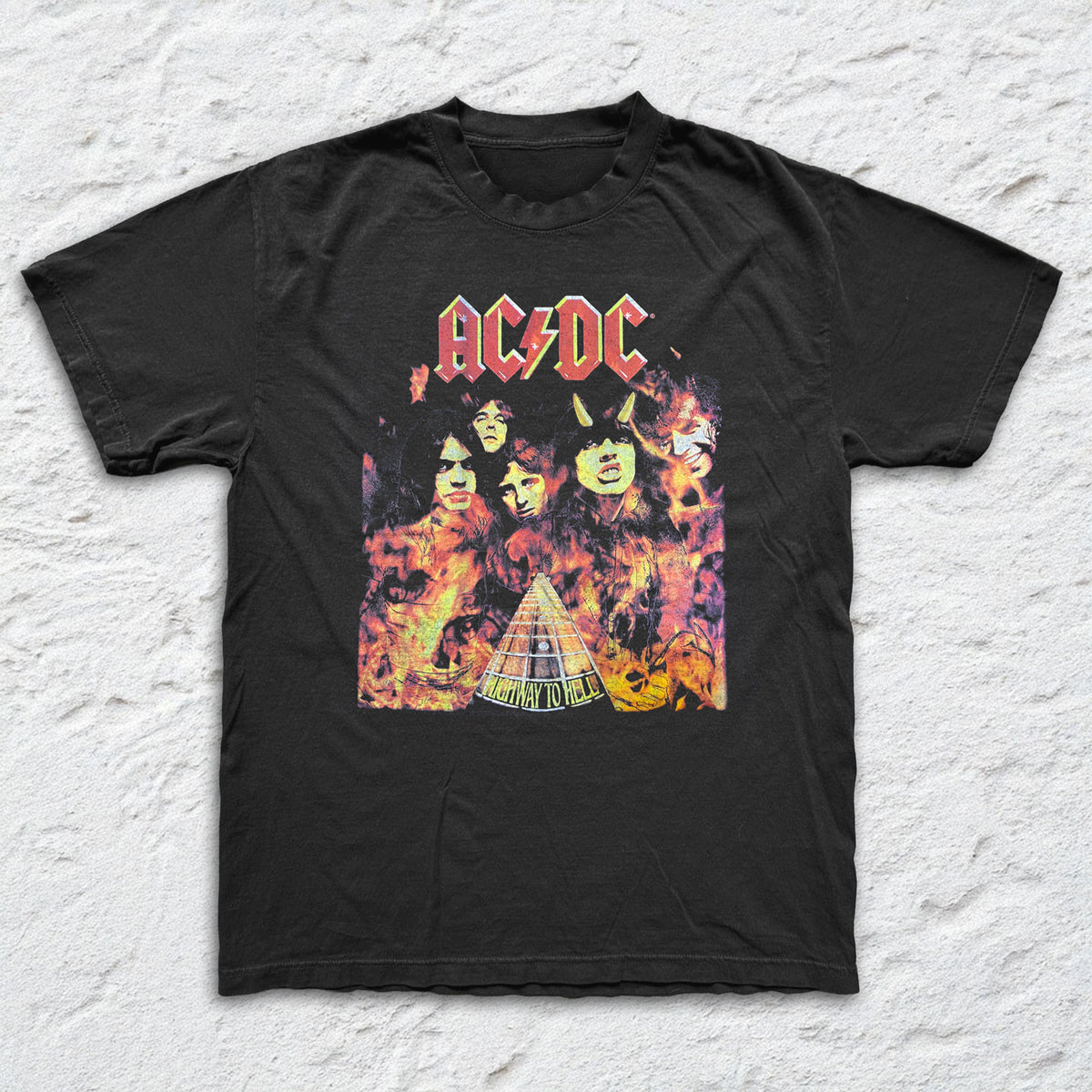AC/DC - Highway To Hell Flames - Black Garment-dyed T-shirt