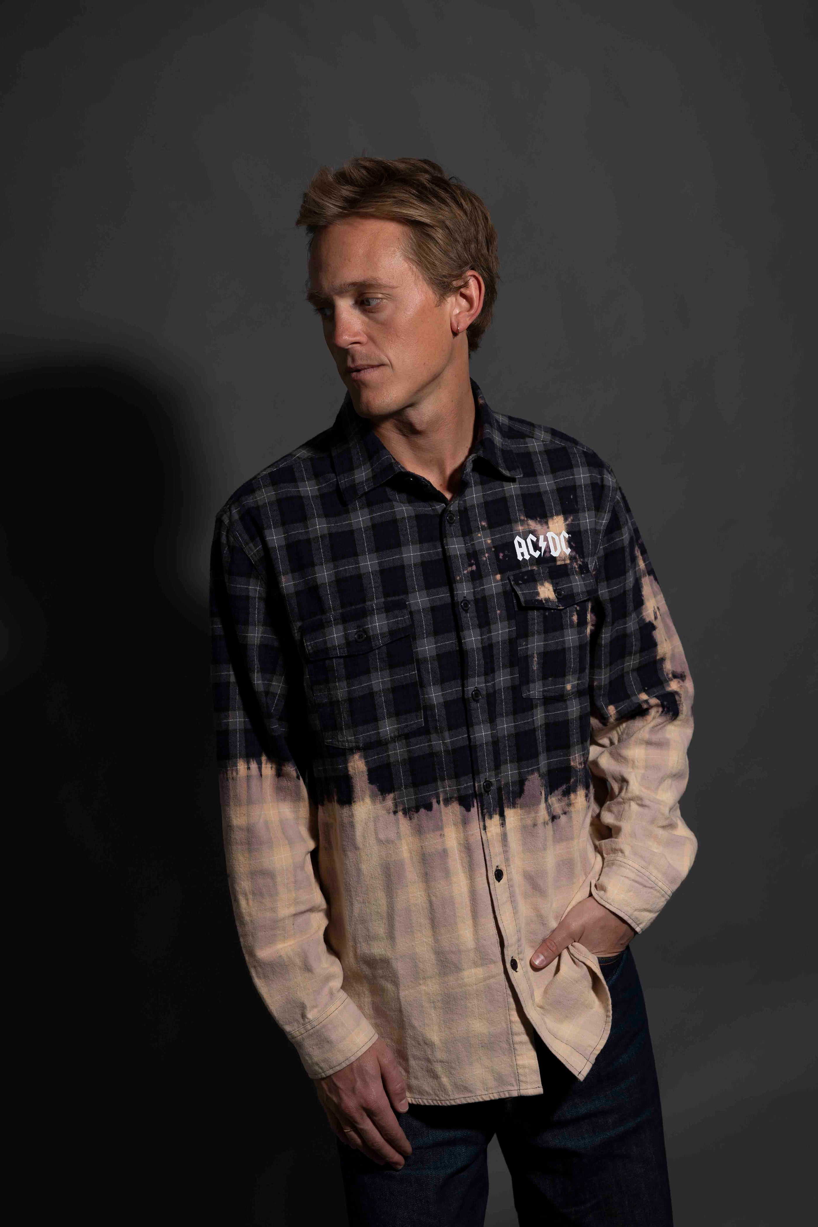 AC/DC - Let There Be Rock - Black/Charcoal Bleach Dip Longsleeve Flannel Shirt
