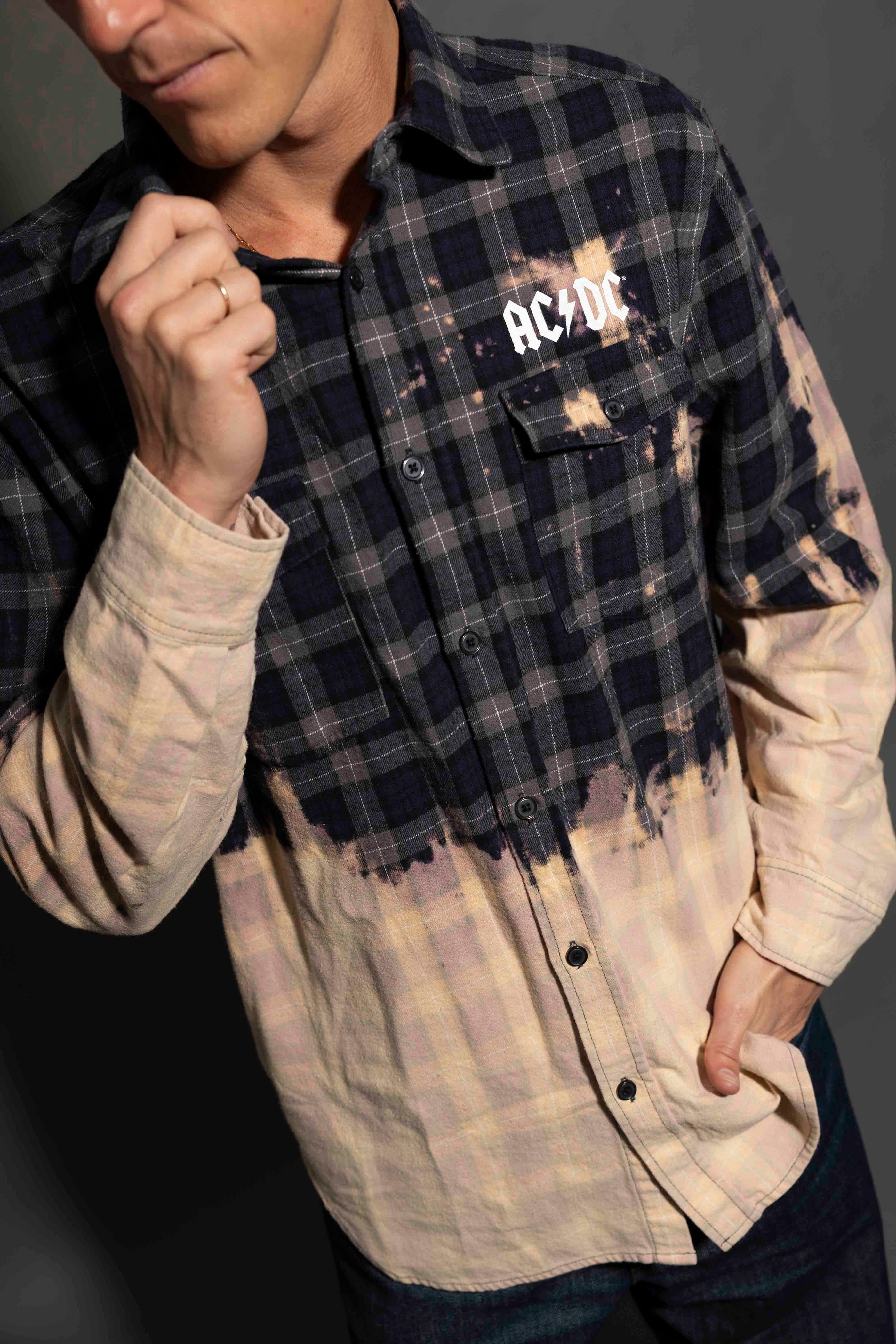 AC/DC - Let There Be Rock - Black/Charcoal Bleach Dip Longsleeve Flannel Shirt