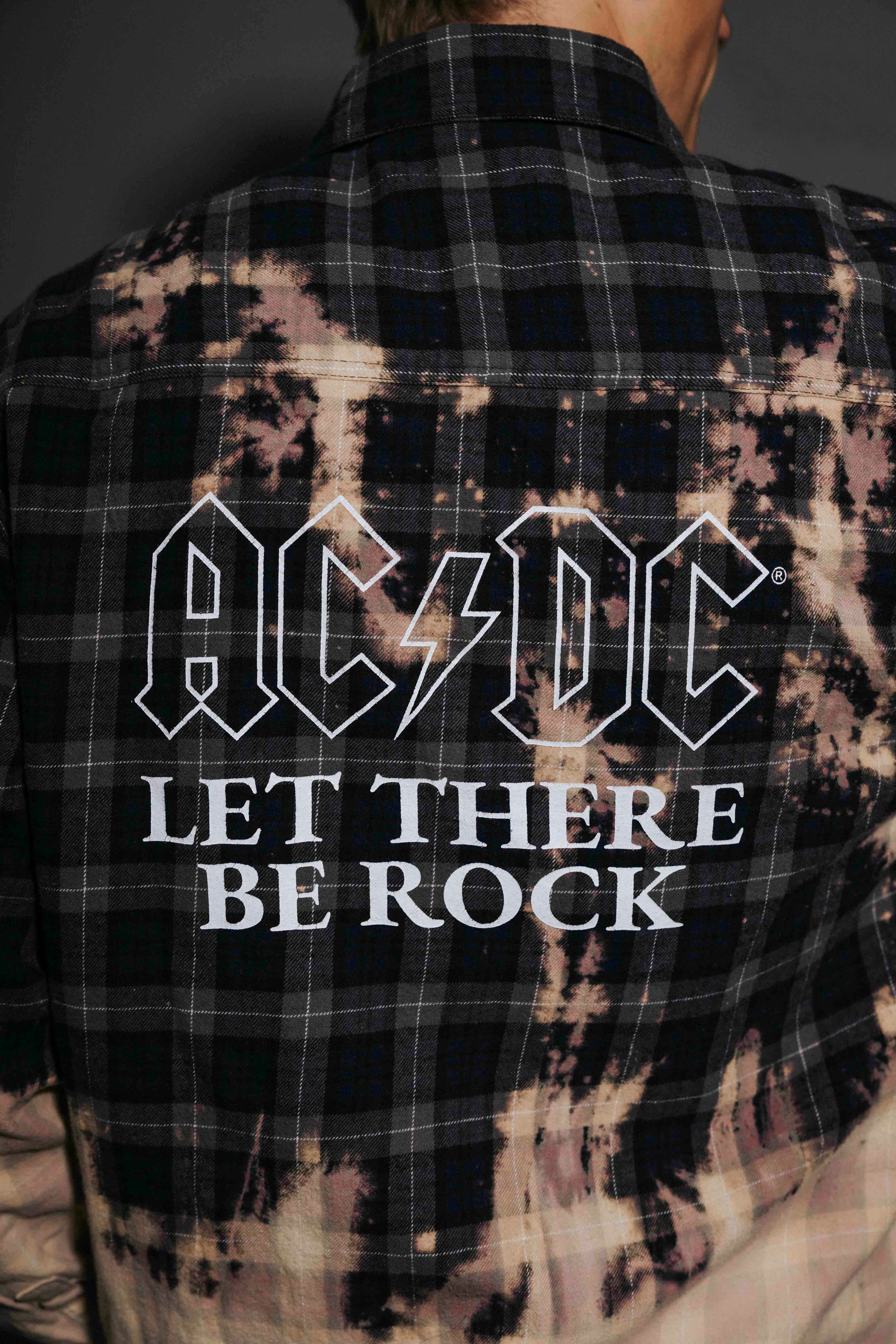 AC/DC - Let There Be Rock - Black/Charcoal Bleach Dip Longsleeve Flannel Shirt