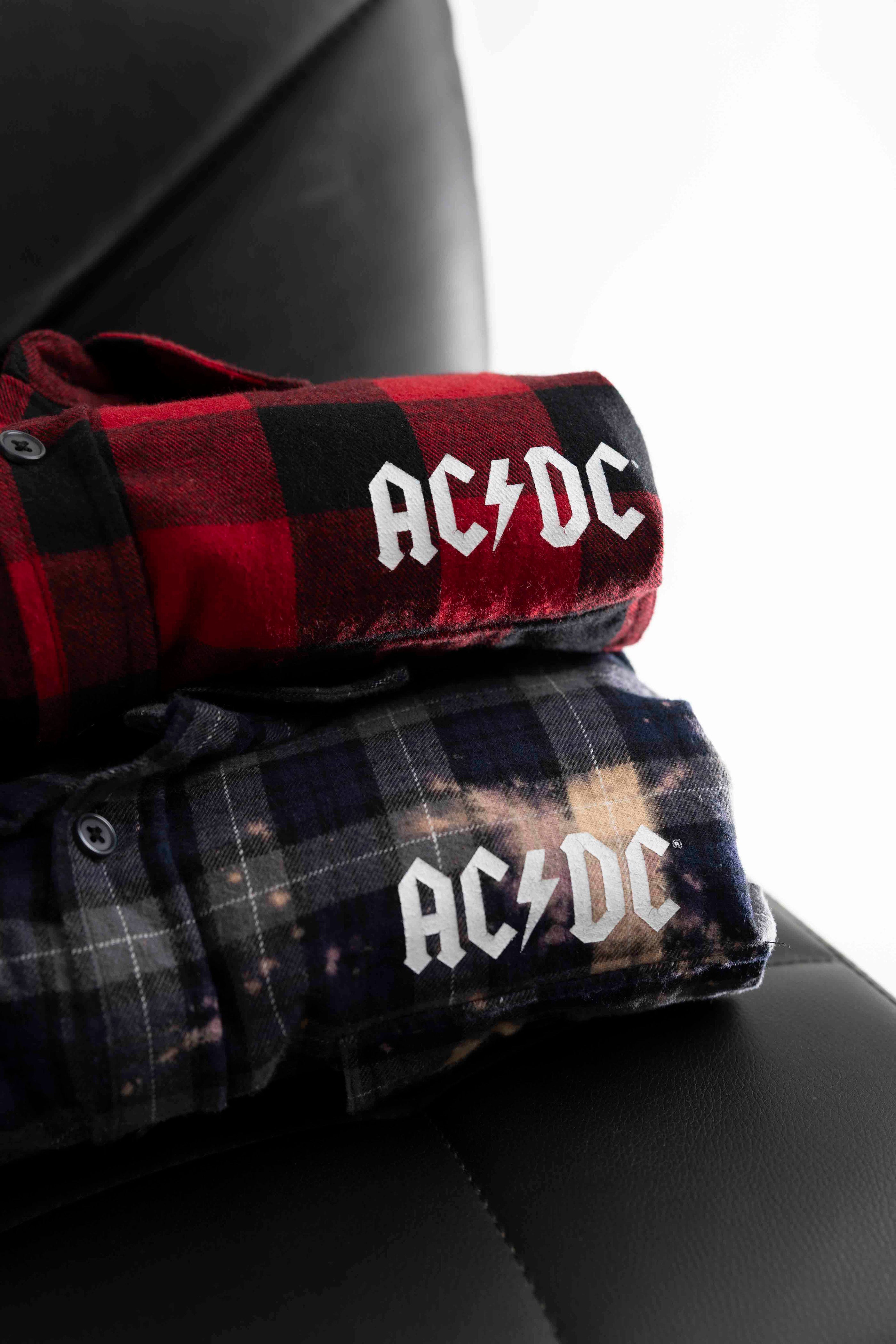 AC/DC - Let There Be Rock - Black/Charcoal Bleach Dip Longsleeve Flannel Shirt