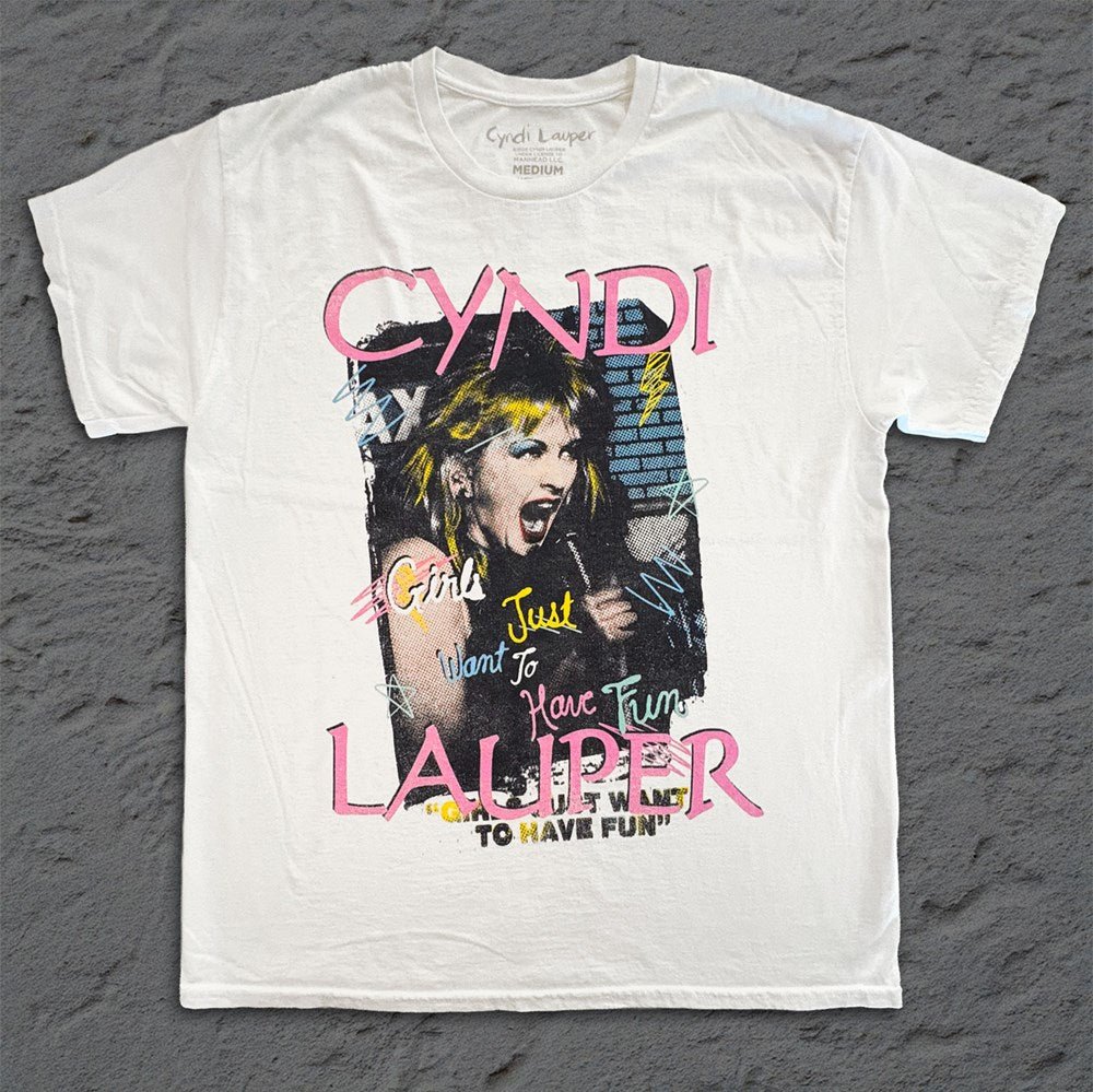 Cyndi Lauper - Girls Just Wanna Scribbles - White Vintage T-shirt