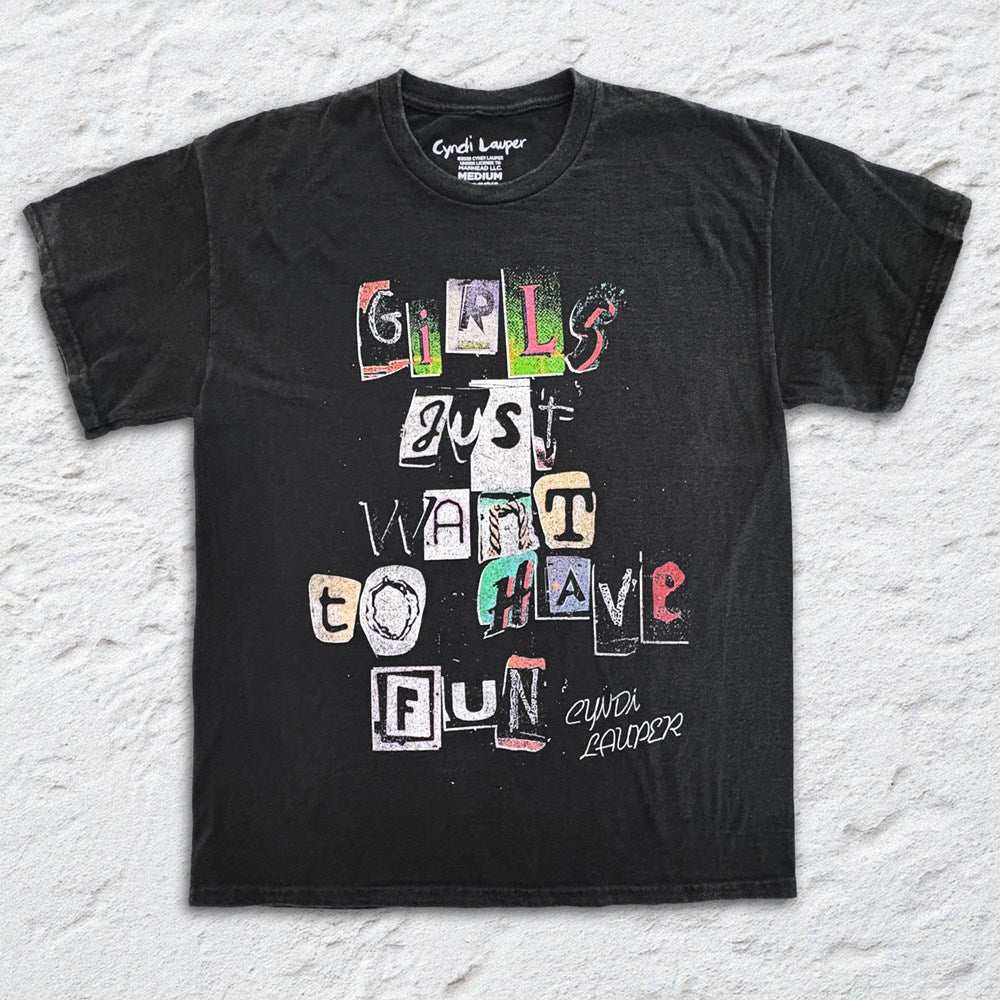Cyndi Lauper - Girls Just Wanna Letters - Black Vintage T-shirt