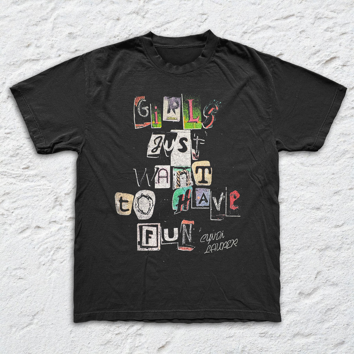 Cyndi Lauper - Girls Just Wanna Letters - Black Garment-dyed T-shirt