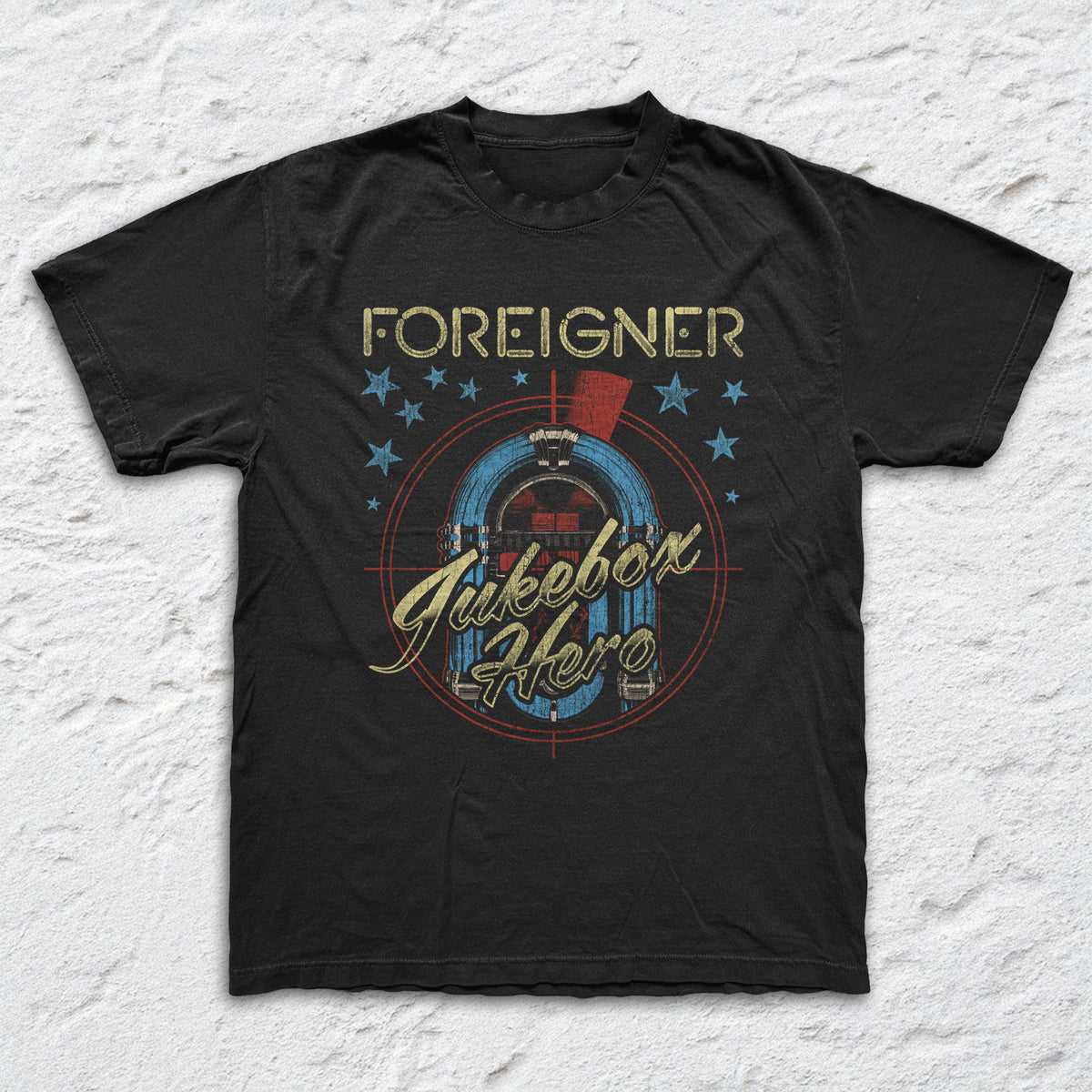 Foreigner - Jukebox Hero - Black Garment-dyed T-shirt