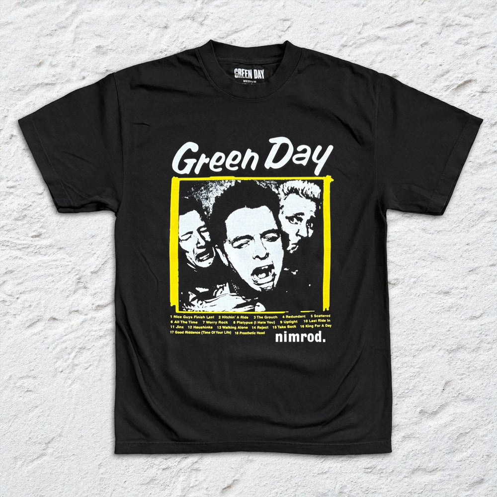 Green Day - Nimrod Tracklist - Black Garment-dyed T-shirt